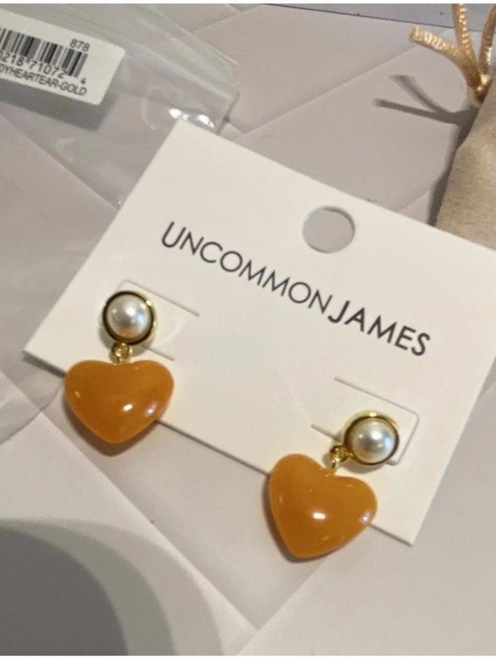 Uncommon James Gold Tone Earrings with Amber Heart Drops and Pearl Studs